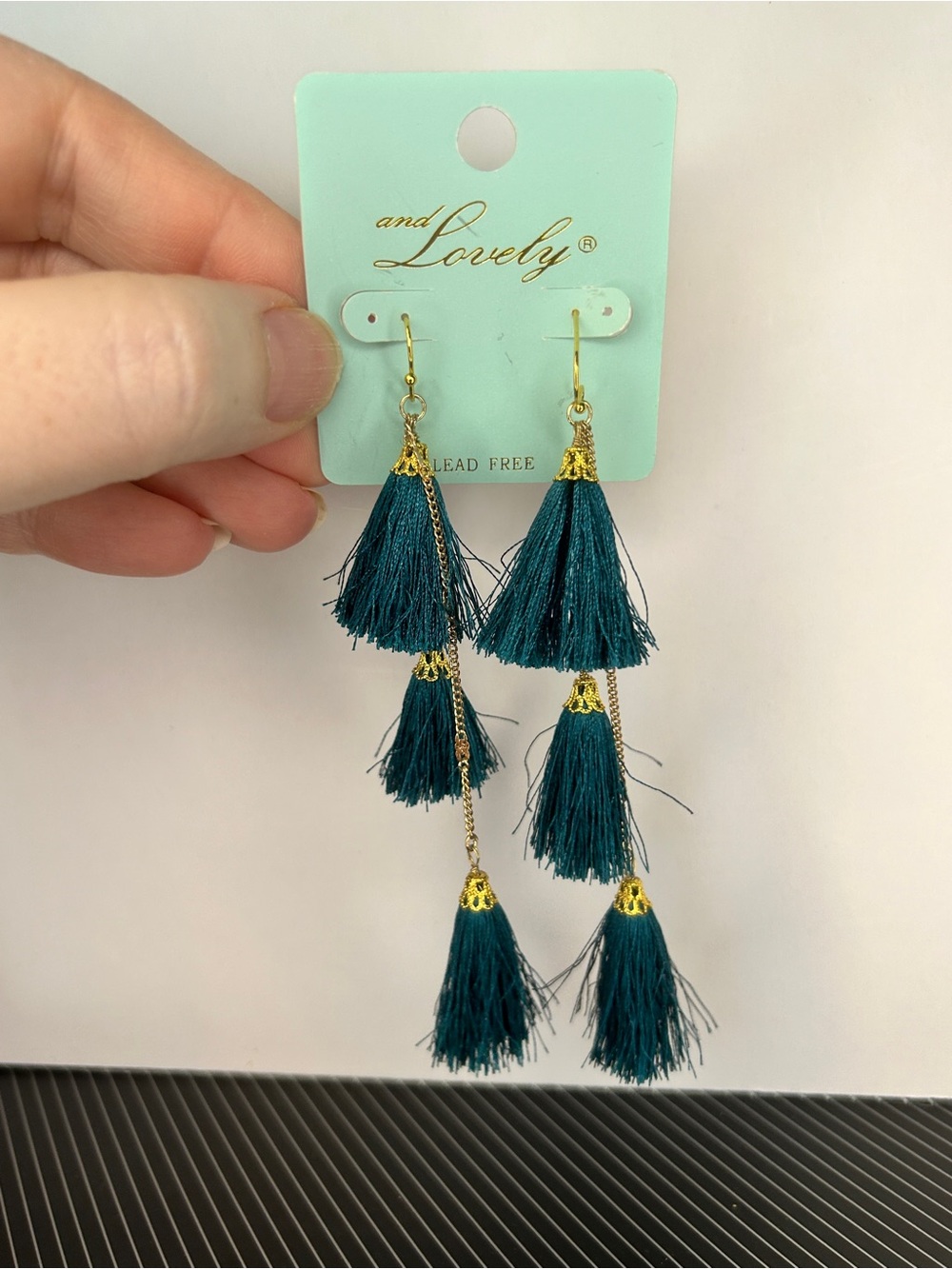 And Lovely Teal Layered Tassel Drop Earrings with Gold Accents